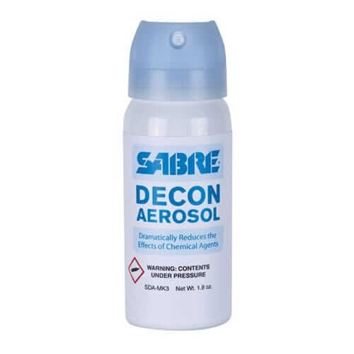 SABRE Decon Aerosol for reducing effects of chemical agents, suitable for training and defense use.